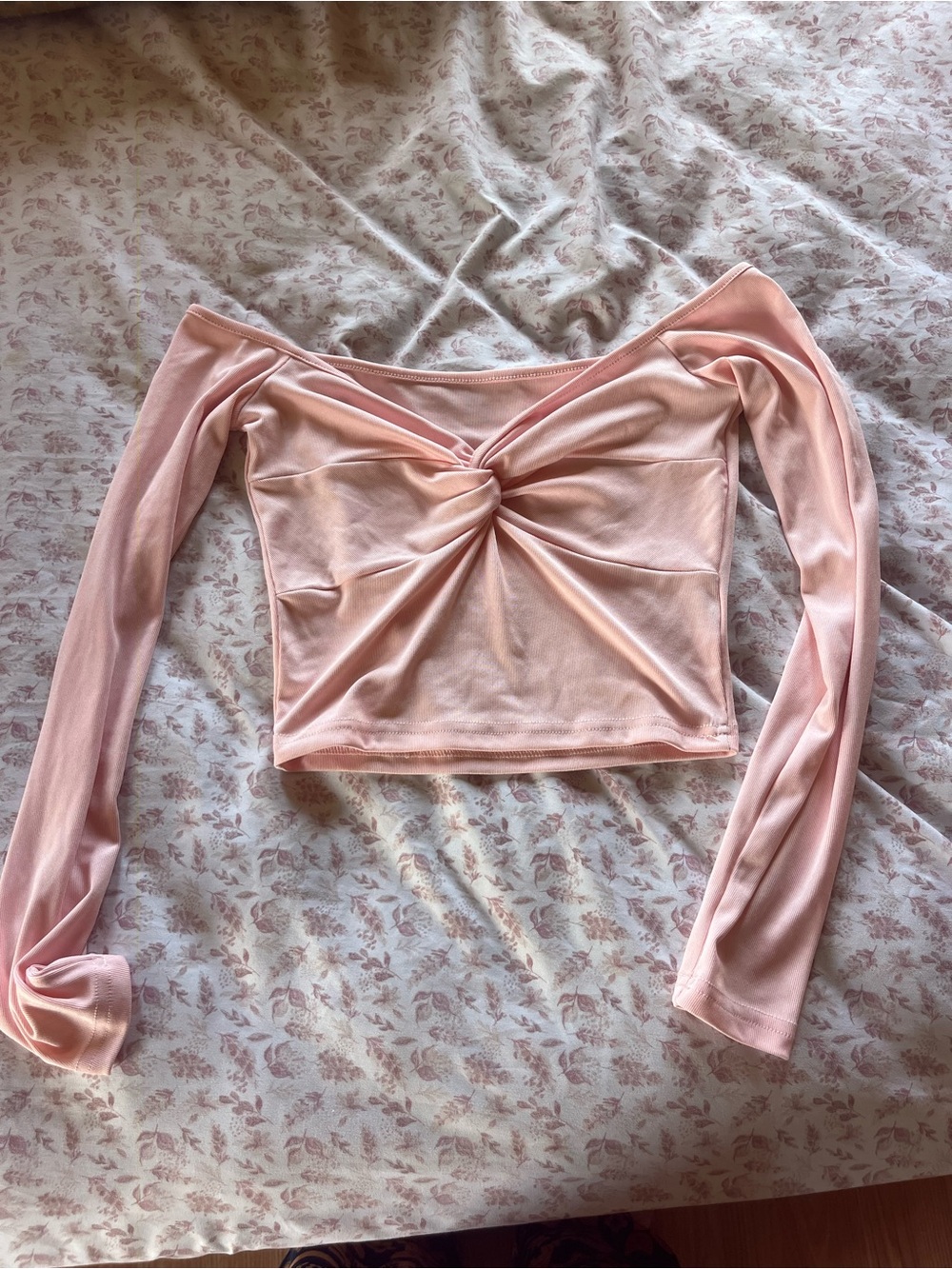 Off-Shoulder Twist Front Long Sleeve Top - Blush Pink